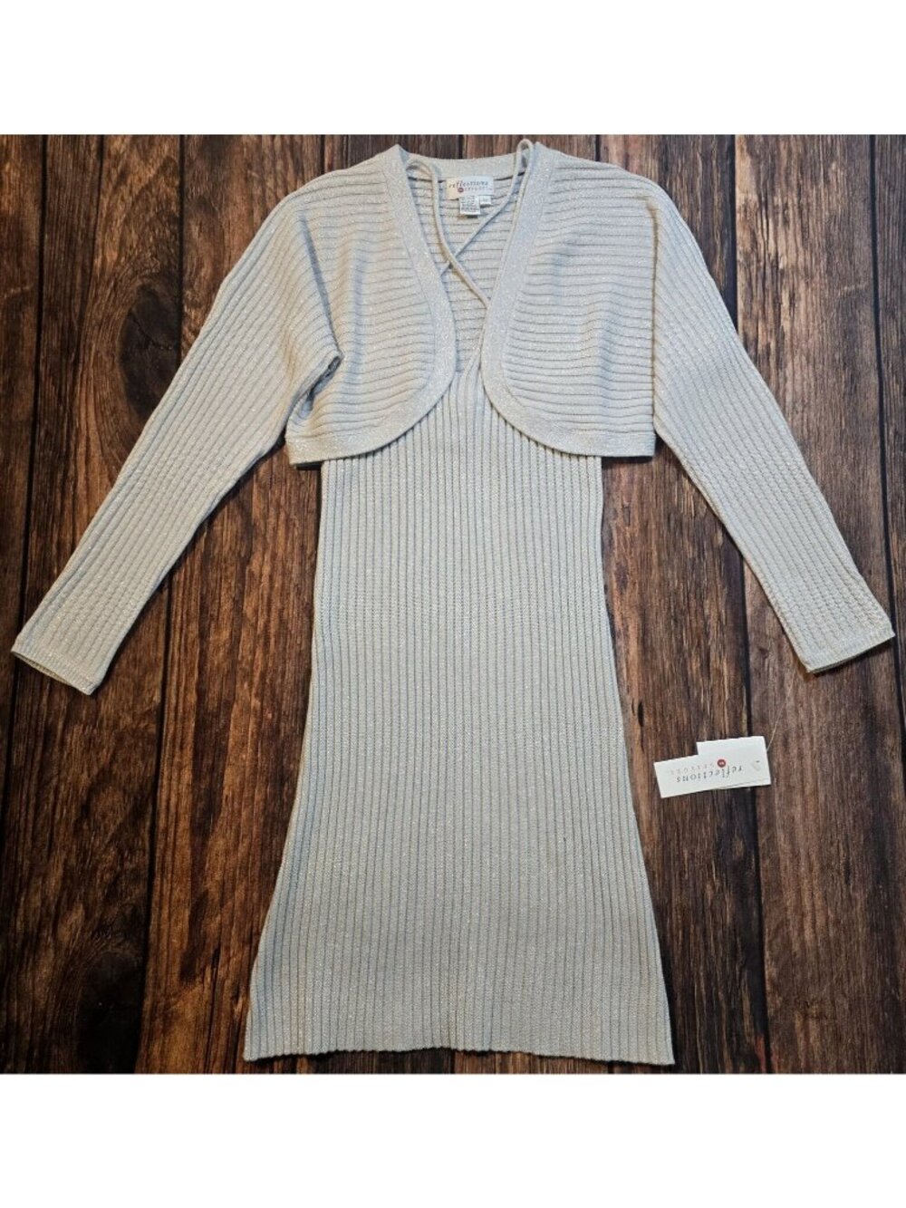 Reflections by Spiegel 2 Piece Sweater Dress Ribbed Knit Gray Metallic Women's S